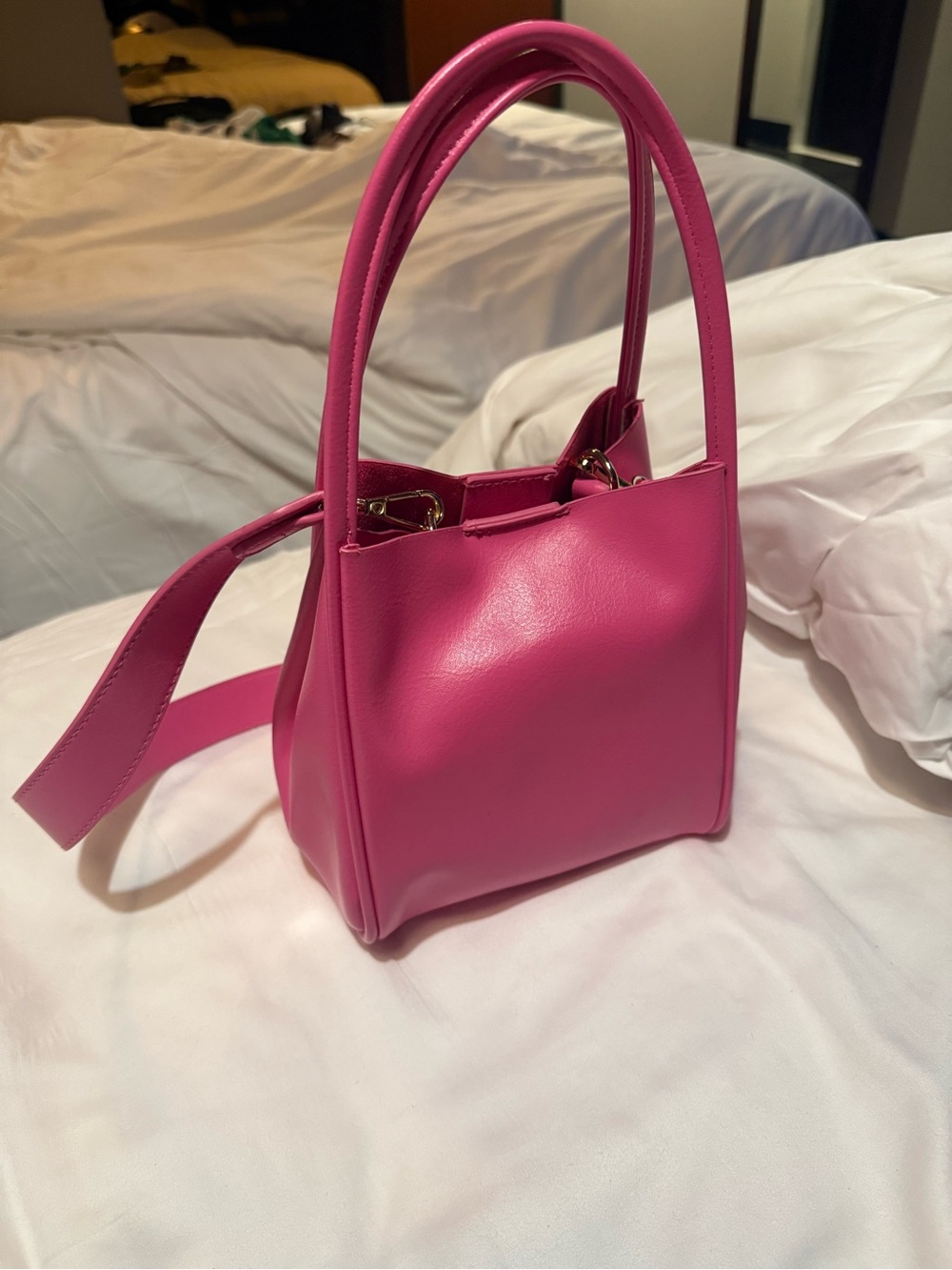 Anthropologie Hot Pink Mini Bucket Bag with Matching Pouch - Picture 2 of 10